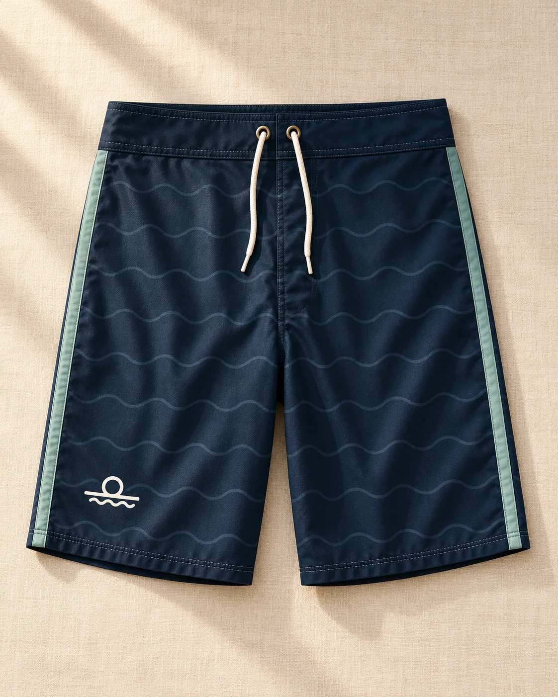 Navy boardshorts with a wave pattern and sea-glass side stripes