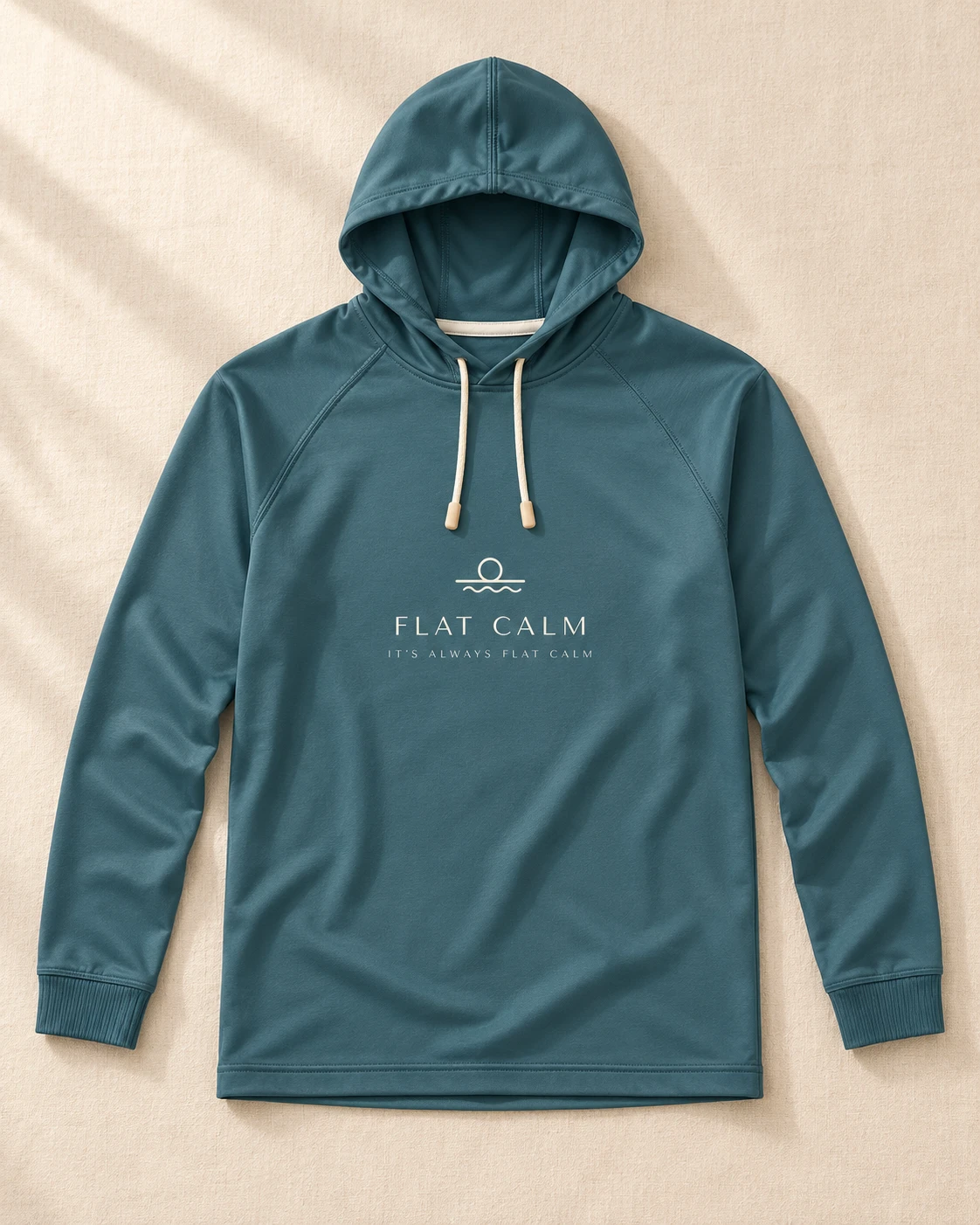 Sea-teal Glassout sun hoodie with the Flat Calm logo on the chest
